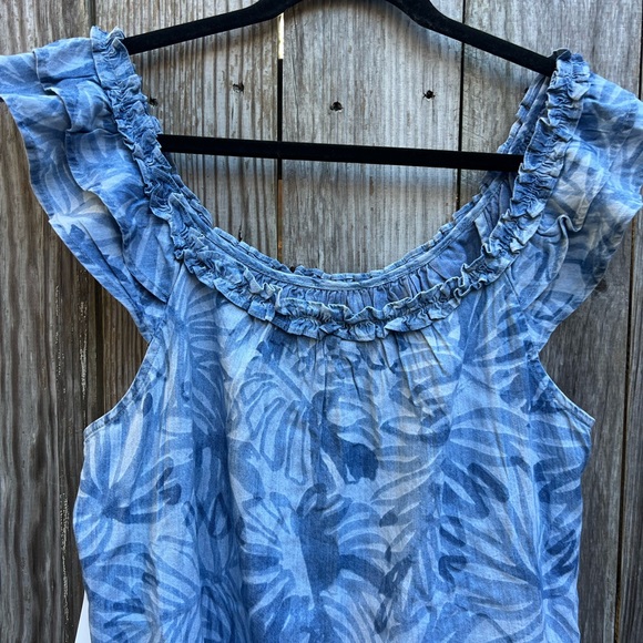 NAUTICA JEANS Denim Blue Tropical Off Ruffle Shoulder Shirt Top W Large NWT - Picture 10 of 10